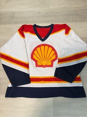 Vintage Shell Oil #13 Mesh Hockey Jersey White Red Yellow Navy XL